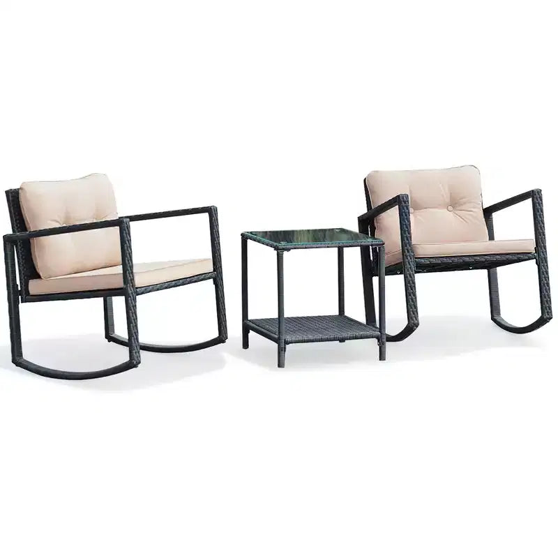 Costway 3-Piece Patio Wicker Bistro Furniture Set w/ 2 Rocking Chairs, Glass Side Table, Cushions Red/Beige