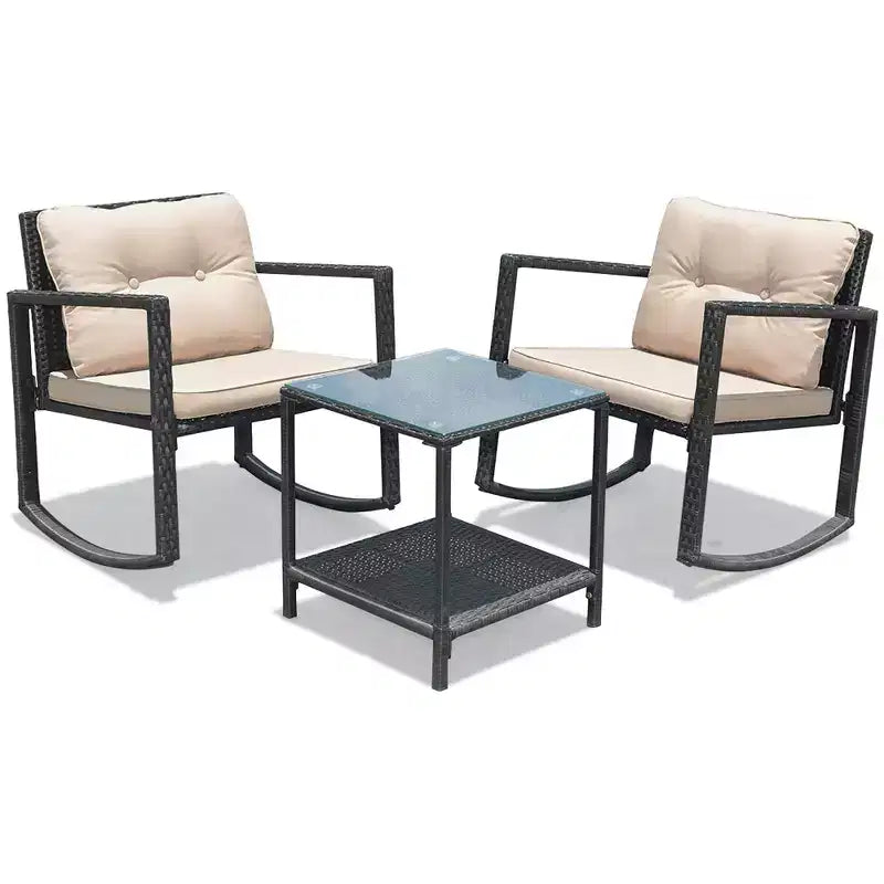 Costway 3-Piece Patio Wicker Bistro Furniture Set w/ 2 Rocking Chairs, Glass Side Table, Cushions Red/Beige