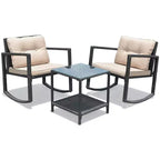 Costway 3-Piece Patio Wicker Bistro Furniture Set w/ 2 Rocking Chairs, Glass Side Table, Cushions Red/Beige