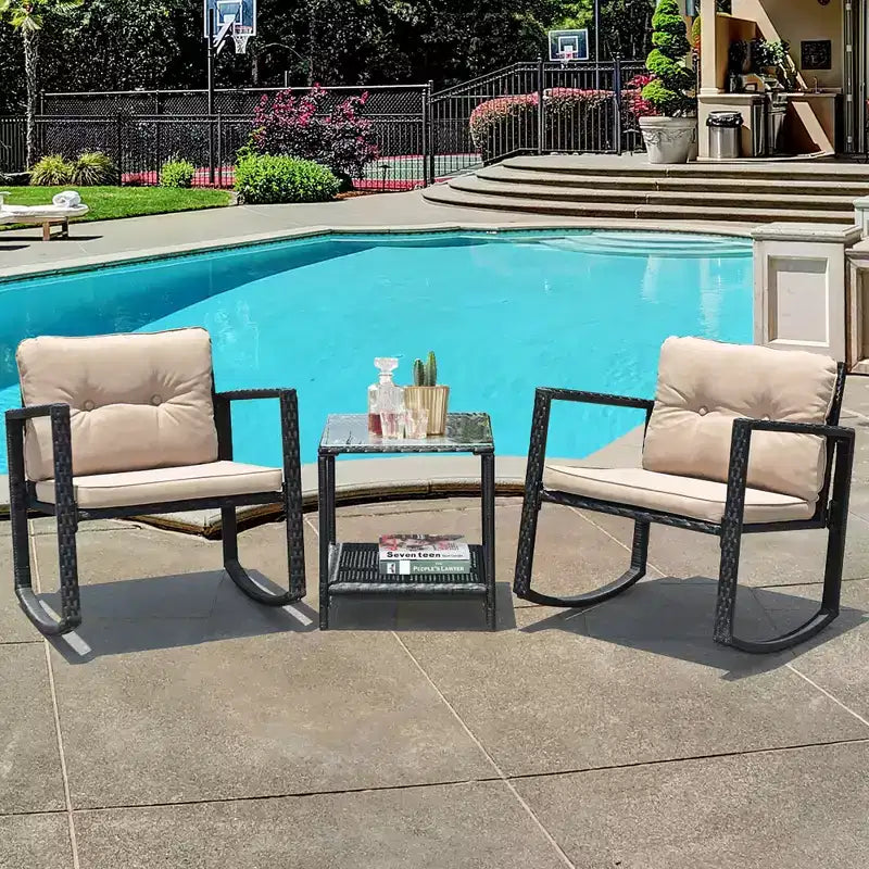 Costway 3-Piece Patio Wicker Bistro Furniture Set w/ 2 Rocking Chairs, Glass Side Table, Cushions Red/Beige