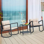 Costway 3-Piece Patio Wicker Bistro Furniture Set w/ 2 Rocking Chairs, Glass Side Table, Cushions Red/Beige