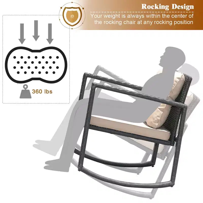 Costway 3-Piece Patio Wicker Bistro Furniture Set w/ 2 Rocking Chairs, Glass Side Table, Cushions Red/Beige