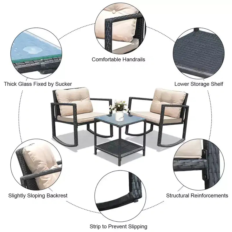 Costway 3-Piece Patio Wicker Bistro Furniture Set w/ 2 Rocking Chairs, Glass Side Table, Cushions Red/Beige