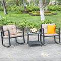 Costway 3-Piece Patio Wicker Bistro Furniture Set w/ 2 Rocking Chairs, Glass Side Table, Cushions Red/Beige