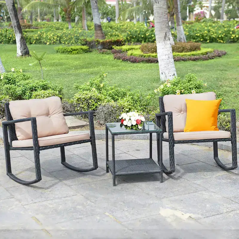Costway 3-Piece Patio Wicker Bistro Furniture Set w/ 2 Rocking Chairs, Glass Side Table, Cushions Red/Beige