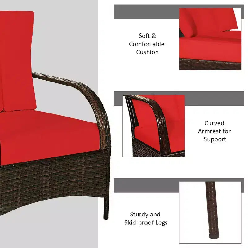 Costway 3 PCS Patio Rattan Furniture Set Coffee Table & 2 Rattan Chair W/Red Cushions