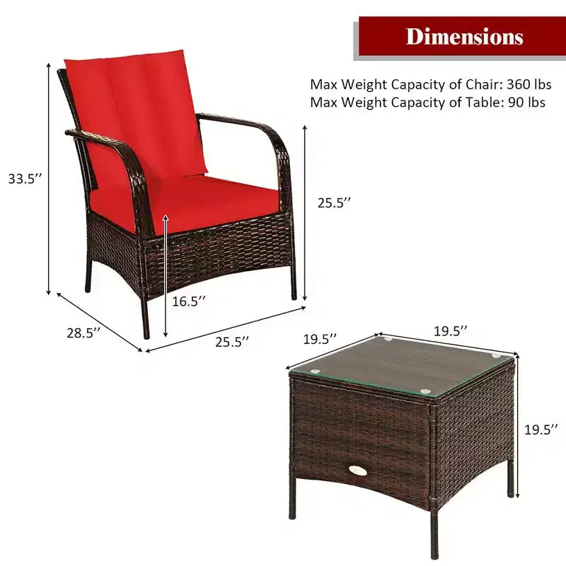 Costway 3 PCS Patio Rattan Furniture Set Coffee Table & 2 Rattan Chair W/Red Cushions