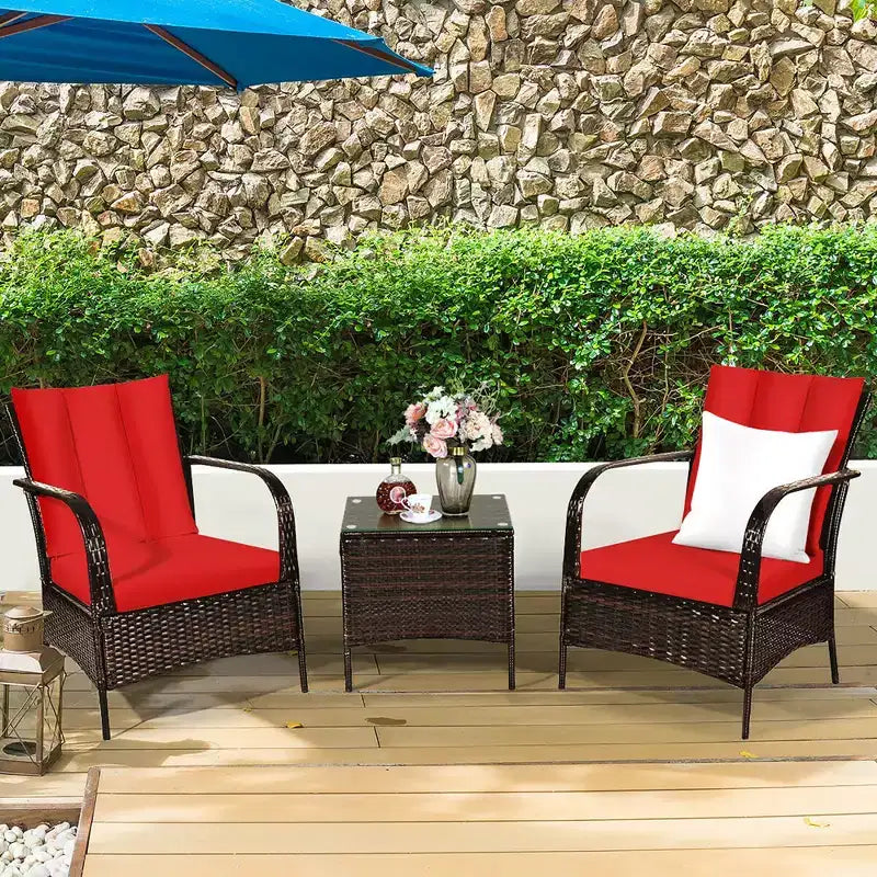 Costway 3 PCS Patio Rattan Furniture Set Coffee Table & 2 Rattan Chair W/Red Cushions