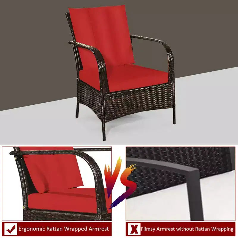 Costway 3 PCS Patio Rattan Furniture Set Coffee Table & 2 Rattan Chair W/Red Cushions