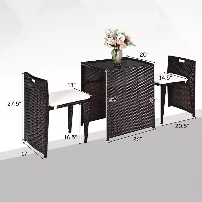 Costway 3PCS Outdoor Patio Rattan Furniture Set Space Saving Garden Deck W/Cushion No Assembly