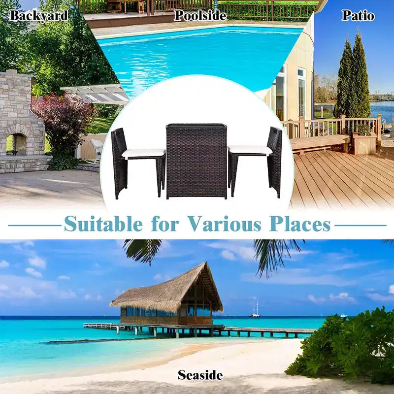 Costway 3PCS Outdoor Patio Rattan Furniture Set Space Saving Garden Deck W/Cushion No Assembly