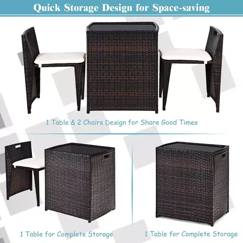 Costway 3PCS Outdoor Patio Rattan Furniture Set Space Saving Garden Deck W/Cushion No Assembly