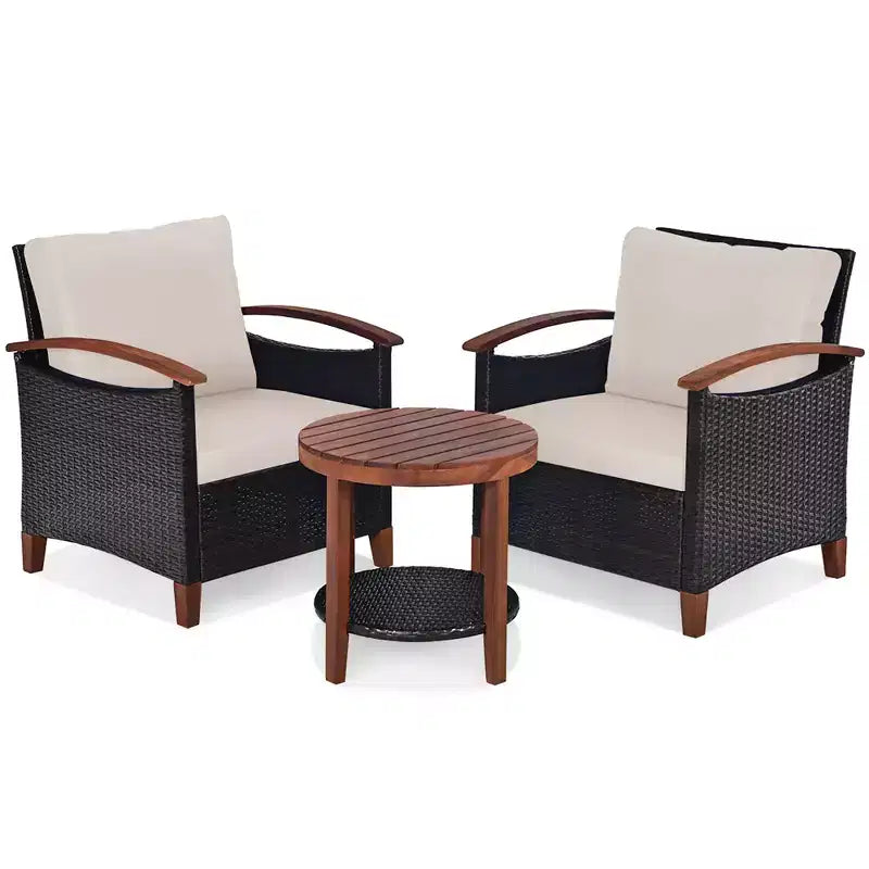 Costway 3PCS Patio Rattan Furniture Set Wooden Frame Cushion Table Shelf Red\Beige\Blue