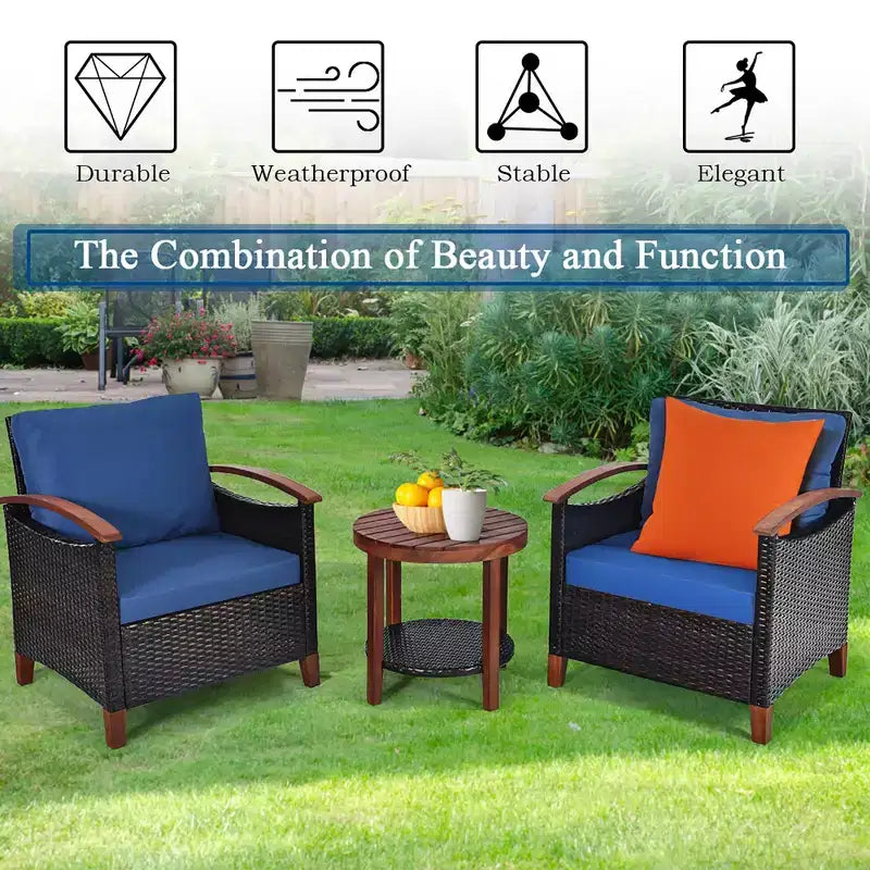 Costway 3PCS Patio Rattan Furniture Set Wooden Frame Cushion Table Shelf Red\Beige\Blue