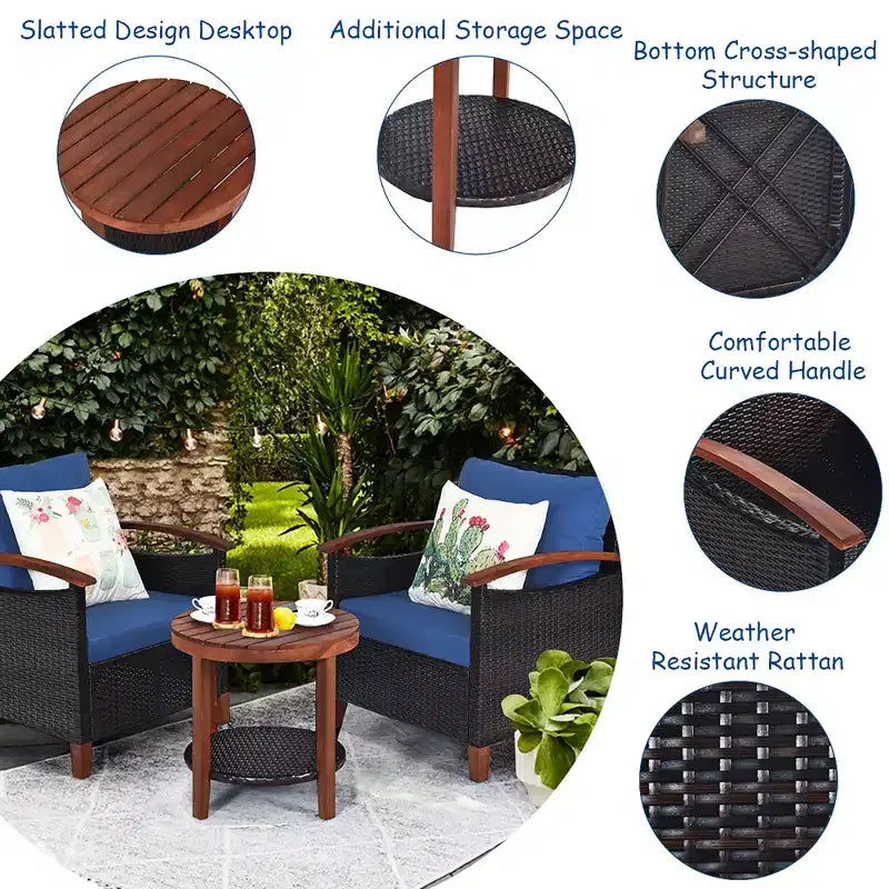 Costway 3PCS Patio Rattan Furniture Set Wooden Frame Cushion Table Shelf Red\Beige\Blue