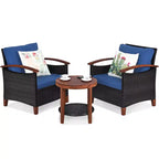 Costway 3PCS Patio Rattan Furniture Set Wooden Frame Cushion Table Shelf Red\Beige\Blue