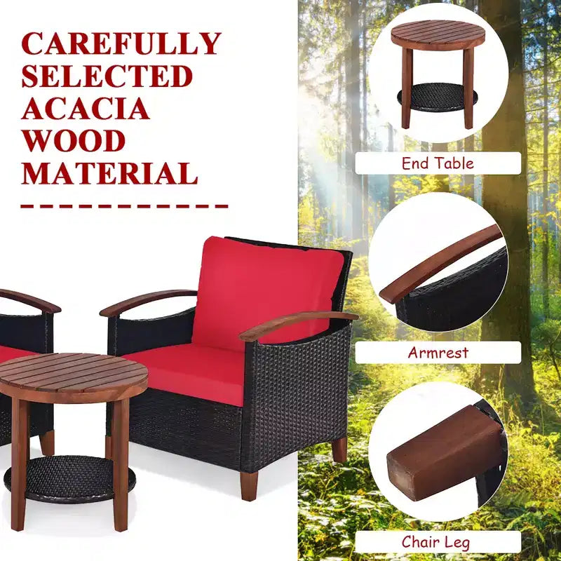 Costway 3PCS Patio Rattan Furniture Set Wooden Frame Cushion Table Shelf Red\Beige\Blue