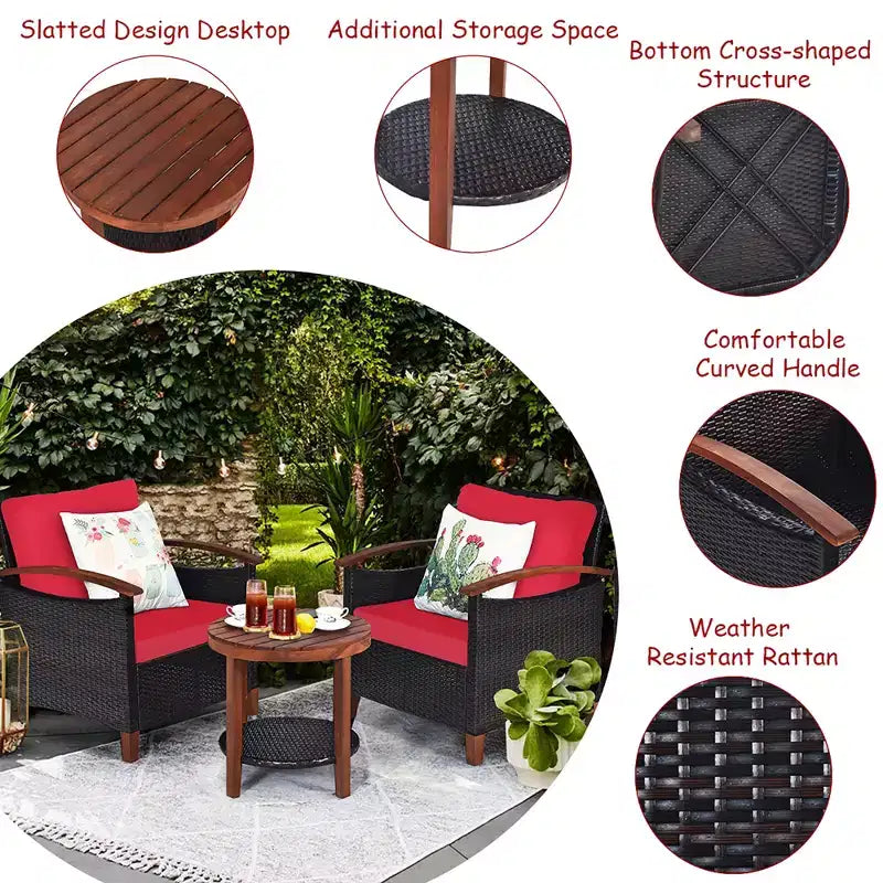 Costway 3PCS Patio Rattan Furniture Set Wooden Frame Cushion Table Shelf Red\Beige\Blue