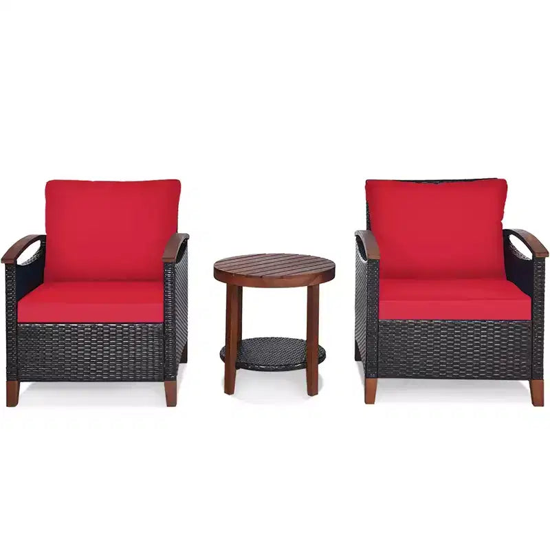 Costway 3PCS Patio Rattan Furniture Set Wooden Frame Cushion Table Shelf Red\Beige\Blue