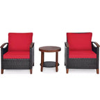 Costway 3PCS Patio Rattan Furniture Set Wooden Frame Cushion Table Shelf Red\Beige\Blue