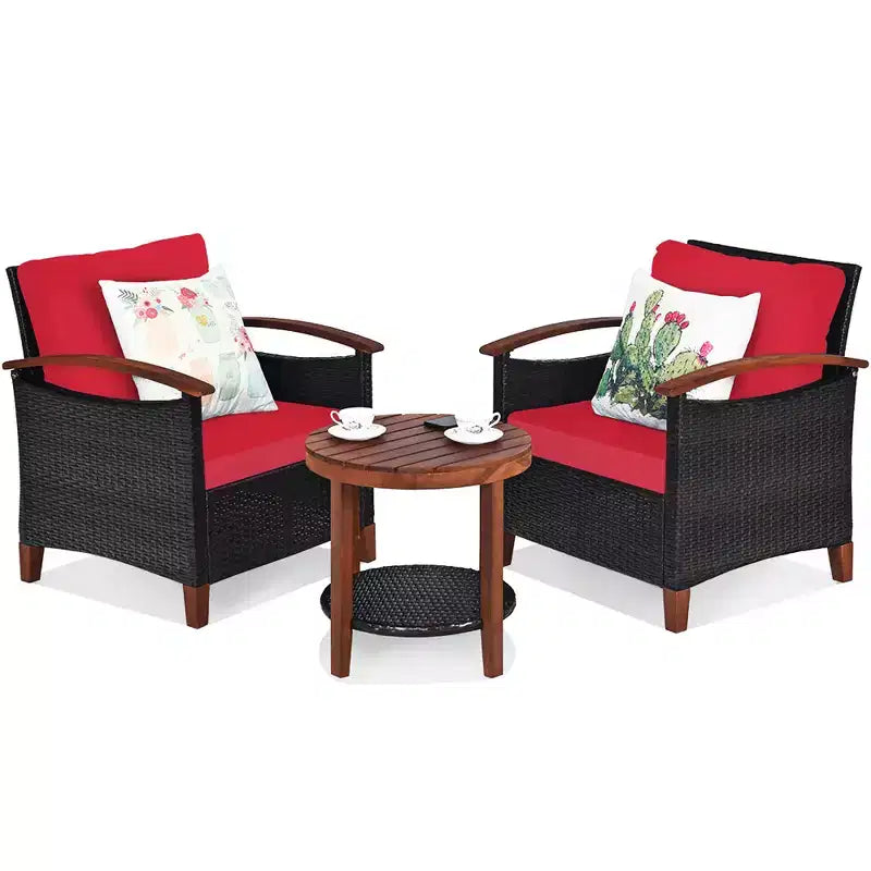 Costway 3PCS Patio Rattan Furniture Set Wooden Frame Cushion Table Shelf Red\Beige\Blue