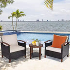 Costway 3PCS Patio Rattan Furniture Set Wooden Frame Cushion Table Shelf Red\Beige\Blue