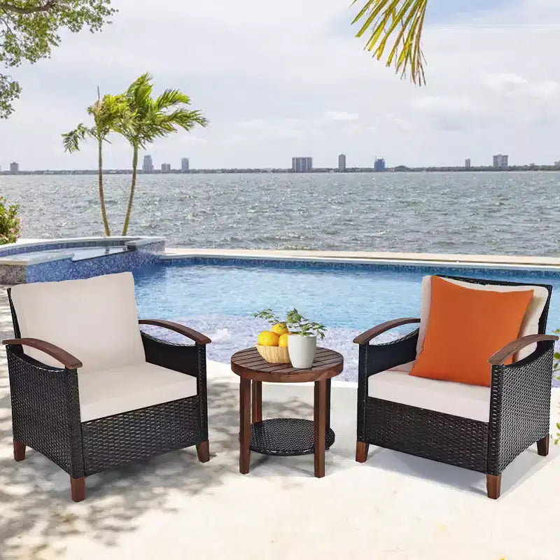 Costway 3PCS Patio Rattan Furniture Set Wooden Frame Cushion Table Shelf Red\Beige\Blue
