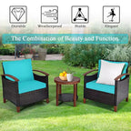 Costway 3PCS Patio Rattan Furniture Set Wooden Frame Cushion Table Shelf Red\Beige\Blue
