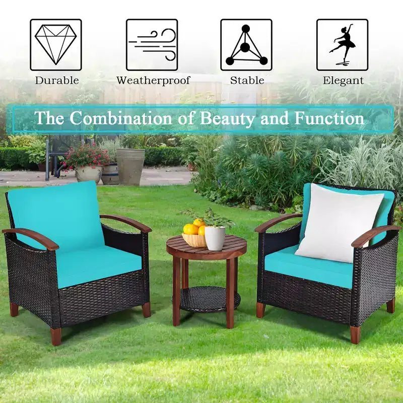 Costway 3PCS Patio Rattan Furniture Set Wooden Frame Cushion Table Shelf Red\Beige\Blue