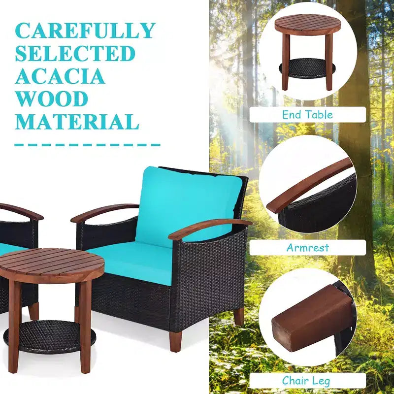 Costway 3PCS Patio Rattan Furniture Set Wooden Frame Cushion Table Shelf Red\Beige\Blue