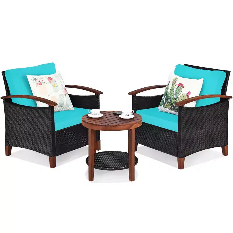 Costway 3PCS Patio Rattan Furniture Set Wooden Frame Cushion Table Shelf Red\Beige\Blue