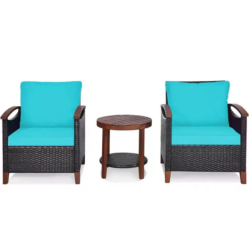 Costway 3PCS Patio Rattan Furniture Set Wooden Frame Cushion Table Shelf Red\Beige\Blue