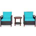 Costway 3PCS Patio Rattan Furniture Set Wooden Frame Cushion Table Shelf Red\Beige\Blue