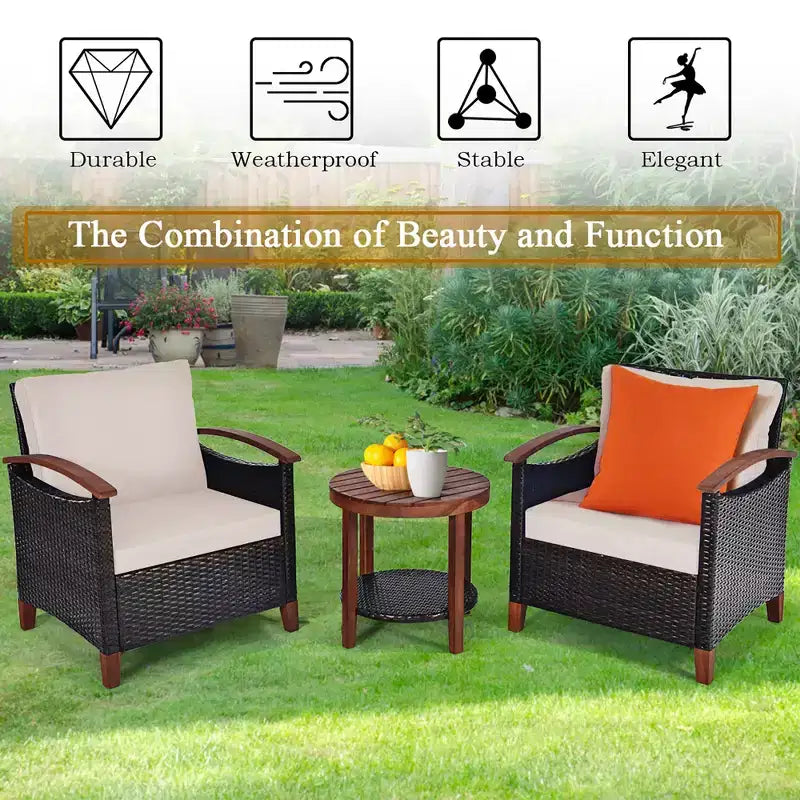 Costway 3PCS Patio Rattan Furniture Set Wooden Frame Cushion Table Shelf Red\Beige\Blue