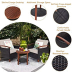 Costway 3PCS Patio Rattan Furniture Set Wooden Frame Cushion Table Shelf Red\Beige\Blue