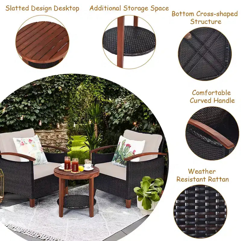 Costway 3PCS Patio Rattan Furniture Set Wooden Frame Cushion Table Shelf Red\Beige\Blue