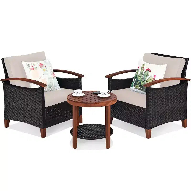 Costway 3PCS Patio Rattan Furniture Set Wooden Frame Cushion Table Shelf Red\Beige\Blue