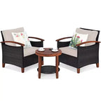 Costway 3PCS Patio Rattan Furniture Set Wooden Frame Cushion Table Shelf Red\Beige\Blue