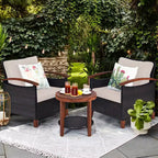 Costway 3PCS Patio Rattan Furniture Set Wooden Frame Cushion Table Shelf Red\Beige\Blue