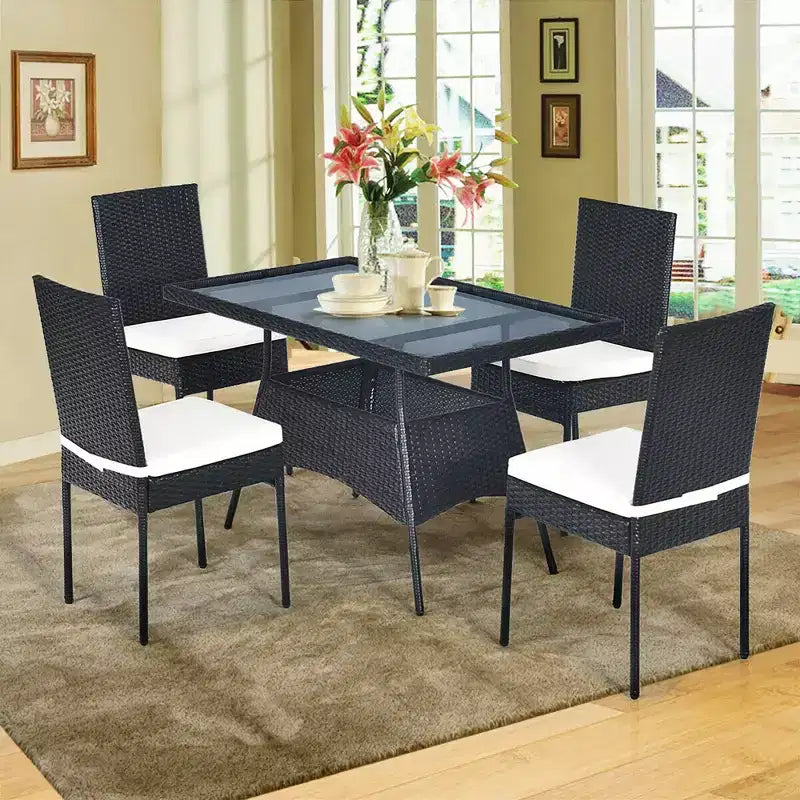 Costway 5PCS Patio Rattan Dining Set Table w/Glass Top Garden Furniture