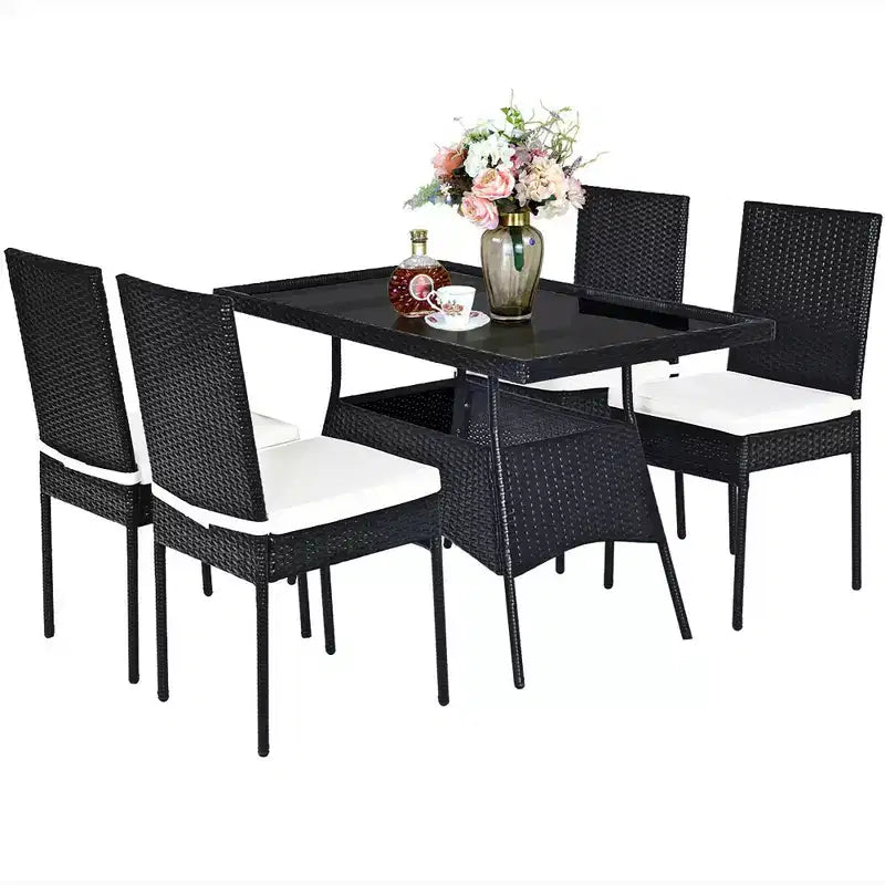 Costway 5PCS Patio Rattan Dining Set Table w/Glass Top Garden Furniture
