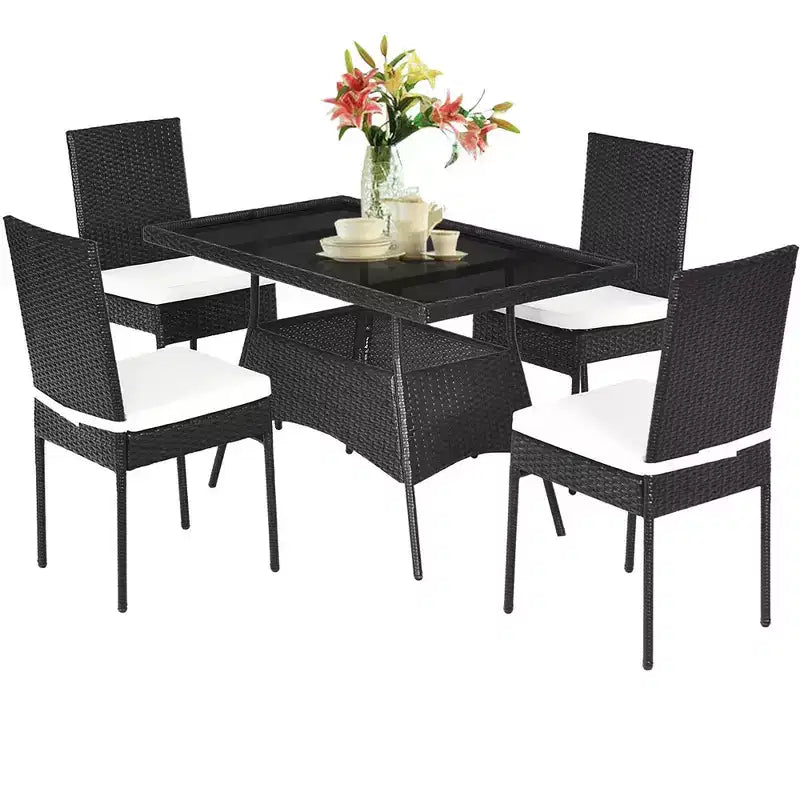 Costway 5PCS Patio Rattan Dining Set Table w/Glass Top Garden Furniture