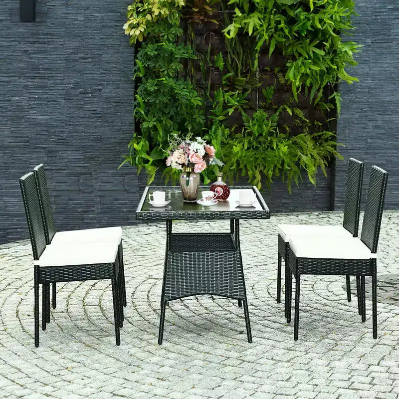 Costway 5PCS Patio Rattan Dining Set Table w/Glass Top Garden Furniture