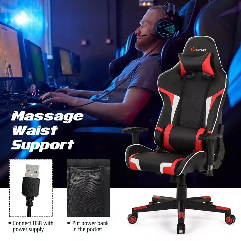 Costway Massage Gaming Chair Reclining Swivel Racing Office Chair w/Lumbar Support White\Blue\Grey\Red