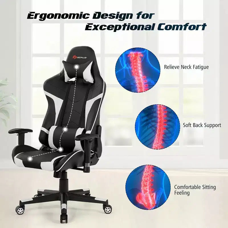Costway Massage Gaming Chair Reclining Swivel Racing Office Chair w/Lumbar Support White\Blue\Grey\Red