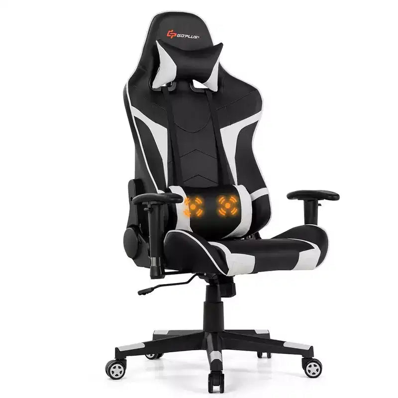 Costway Massage Gaming Chair Reclining Swivel Racing Office Chair w/Lumbar Support White\Blue\Grey\Red