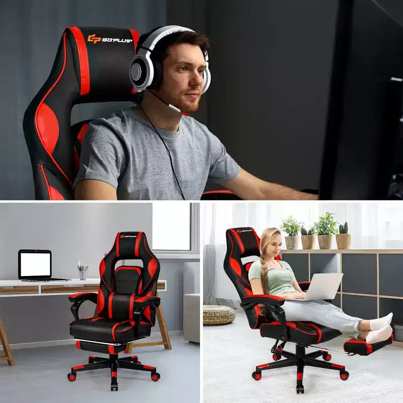 Costway Massage Gaming Chair Reclining Racing Computer Office Chair with Footrest White\ Black\Blue\Red