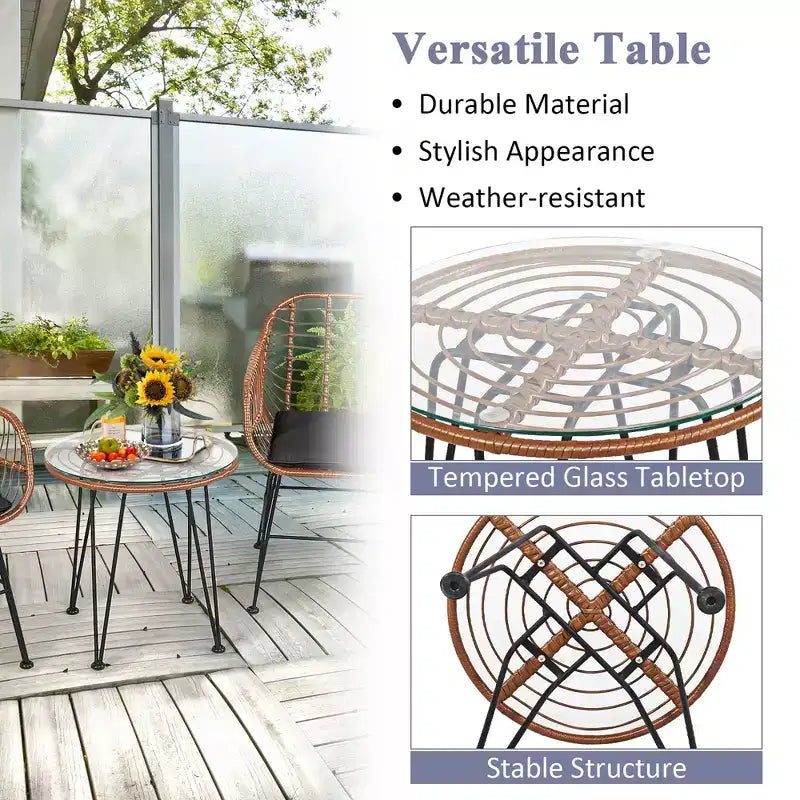 Costway 3PCS Patio Rattan Bistro Set Coffee Table Armchair Garden
