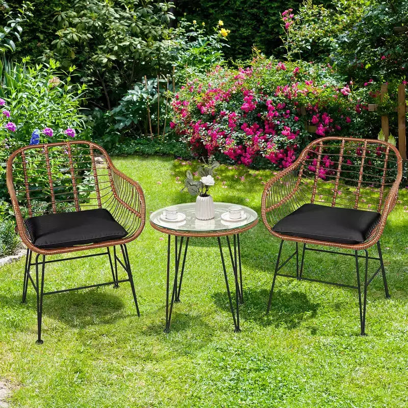 Costway 3PCS Patio Rattan Bistro Set Coffee Table Armchair Garden