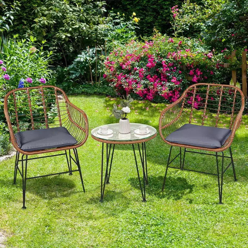 Costway 3PCS Patio Rattan Bistro Set Coffee Table Armchair Garden